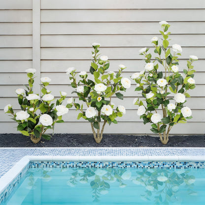 5ft Artificial Camellia Tree with Silk Orange Flowers, 60in Faux Camellia Plant with Lifelike Trunk, Fake Flower Tree Potted Front Door Plants for Porch Patio Deck Living Room Decor, 2Pack