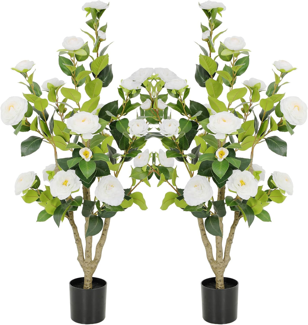 5ft Artificial Camellia Tree with Silk Orange Flowers, 60in Faux Camellia Plant with Lifelike Trunk, Fake Flower Tree Potted Front Door Plants for Porch Patio Deck Living Room Decor, 2Pack