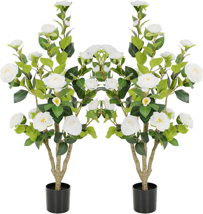 5ft Artificial Camellia Tree with Silk Orange Flowers, 60in Faux Camellia Plant with Lifelike Trunk, Fake Flower Tree Potted Front Door Plants for Porch Patio Deck Living Room Decor, 2Pack