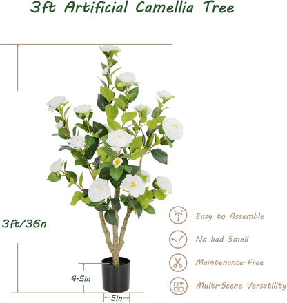 5ft Artificial Camellia Tree with Silk Orange Flowers, 60in Faux Camellia Plant with Lifelike Trunk, Fake Flower Tree Potted Front Door Plants for Porch Patio Deck Living Room Decor, 2Pack