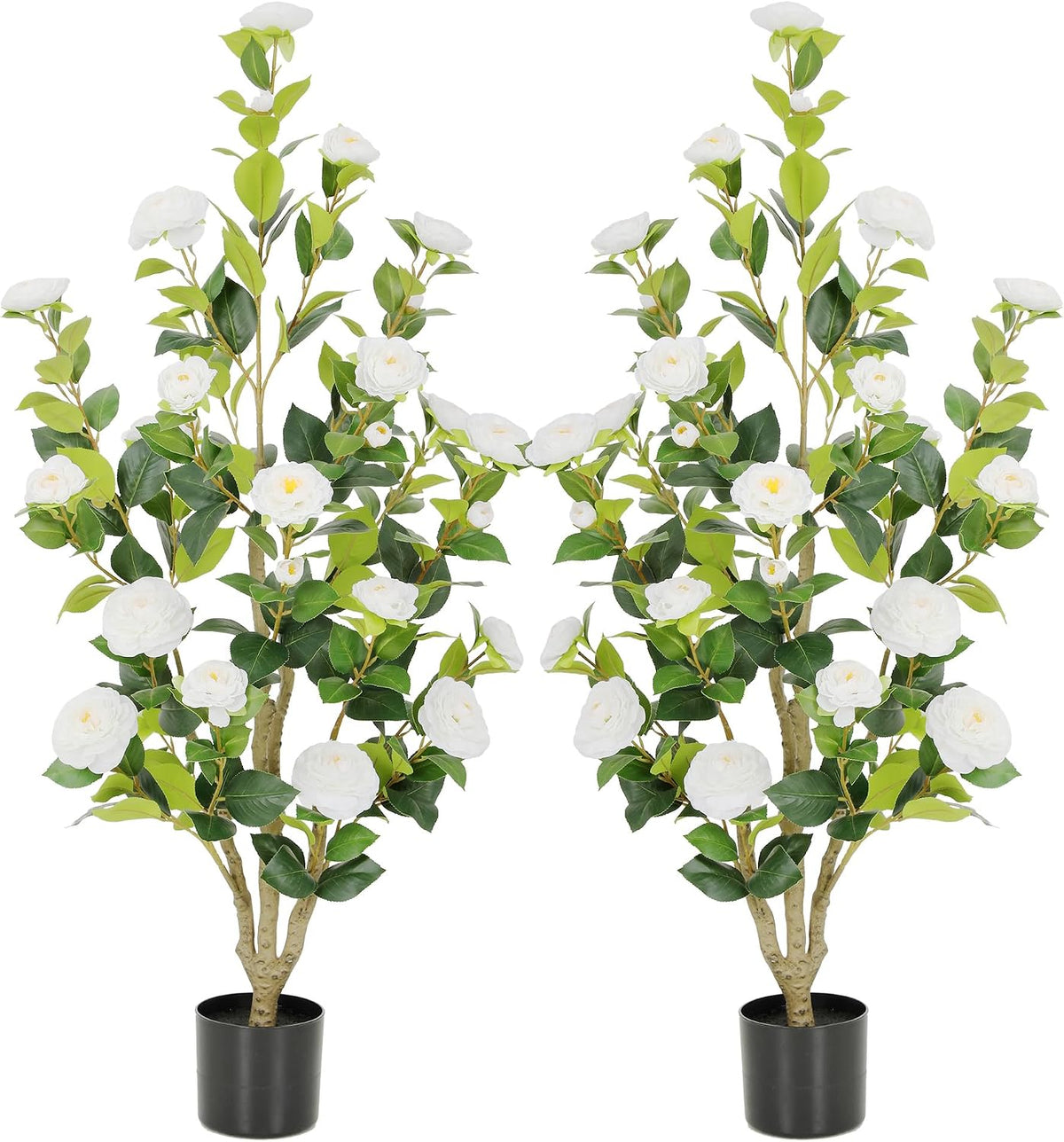 5ft Artificial Camellia Tree with Silk Orange Flowers, 60in Faux Camellia Plant with Lifelike Trunk, Fake Flower Tree Potted Front Door Plants for Porch Patio Deck Living Room Decor, 2Pack