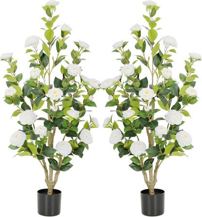 5ft Artificial Camellia Tree with Silk Orange Flowers, 60in Faux Camellia Plant with Lifelike Trunk, Fake Flower Tree Potted Front Door Plants for Porch Patio Deck Living Room Decor, 2Pack