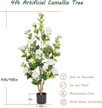 5ft Artificial Camellia Tree with Silk Orange Flowers, 60in Faux Camellia Plant with Lifelike Trunk, Fake Flower Tree Potted Front Door Plants for Porch Patio Deck Living Room Decor, 2Pack