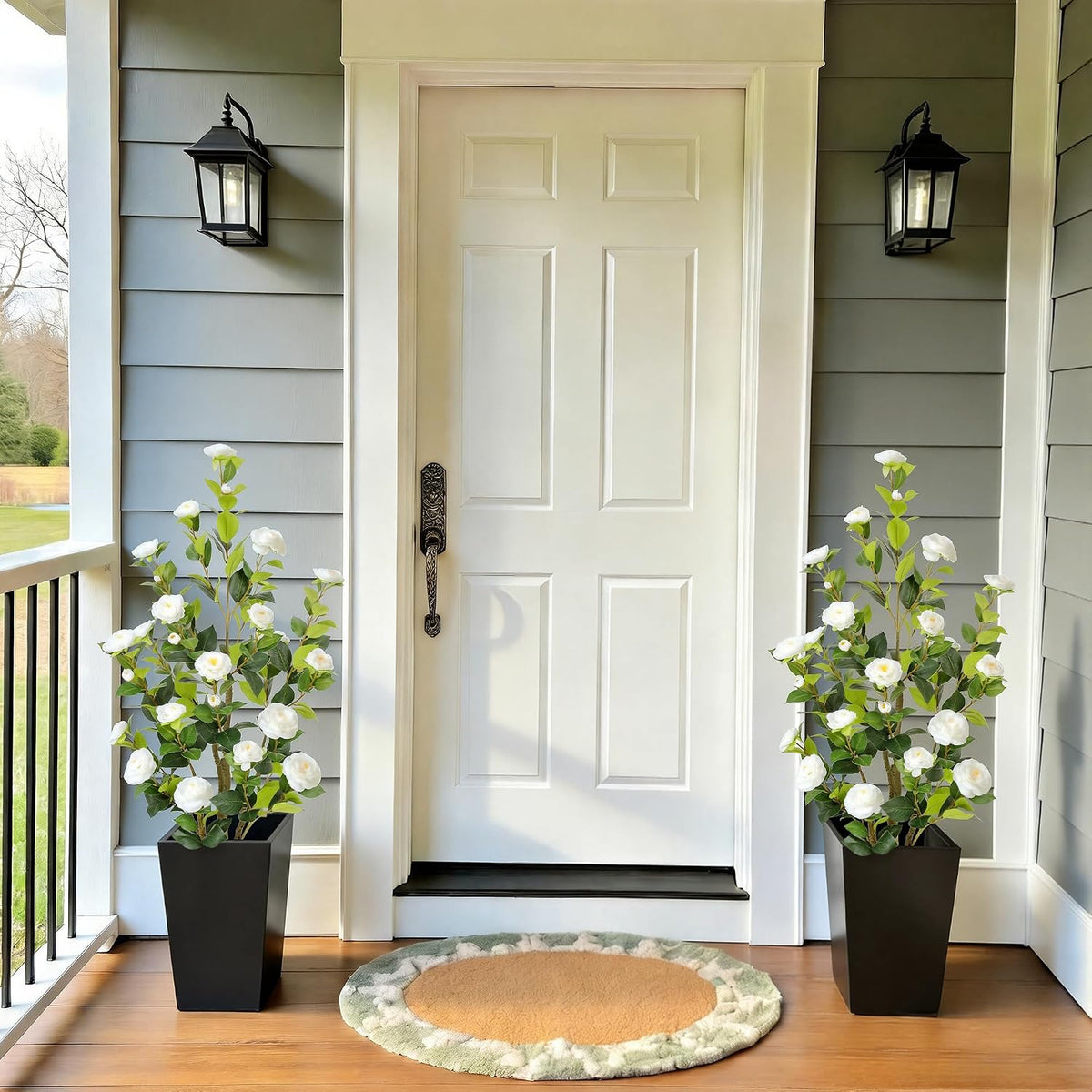 5ft Artificial Camellia Tree with Silk Orange Flowers, 60in Faux Camellia Plant with Lifelike Trunk, Fake Flower Tree Potted Front Door Plants for Porch Patio Deck Living Room Decor, 2Pack