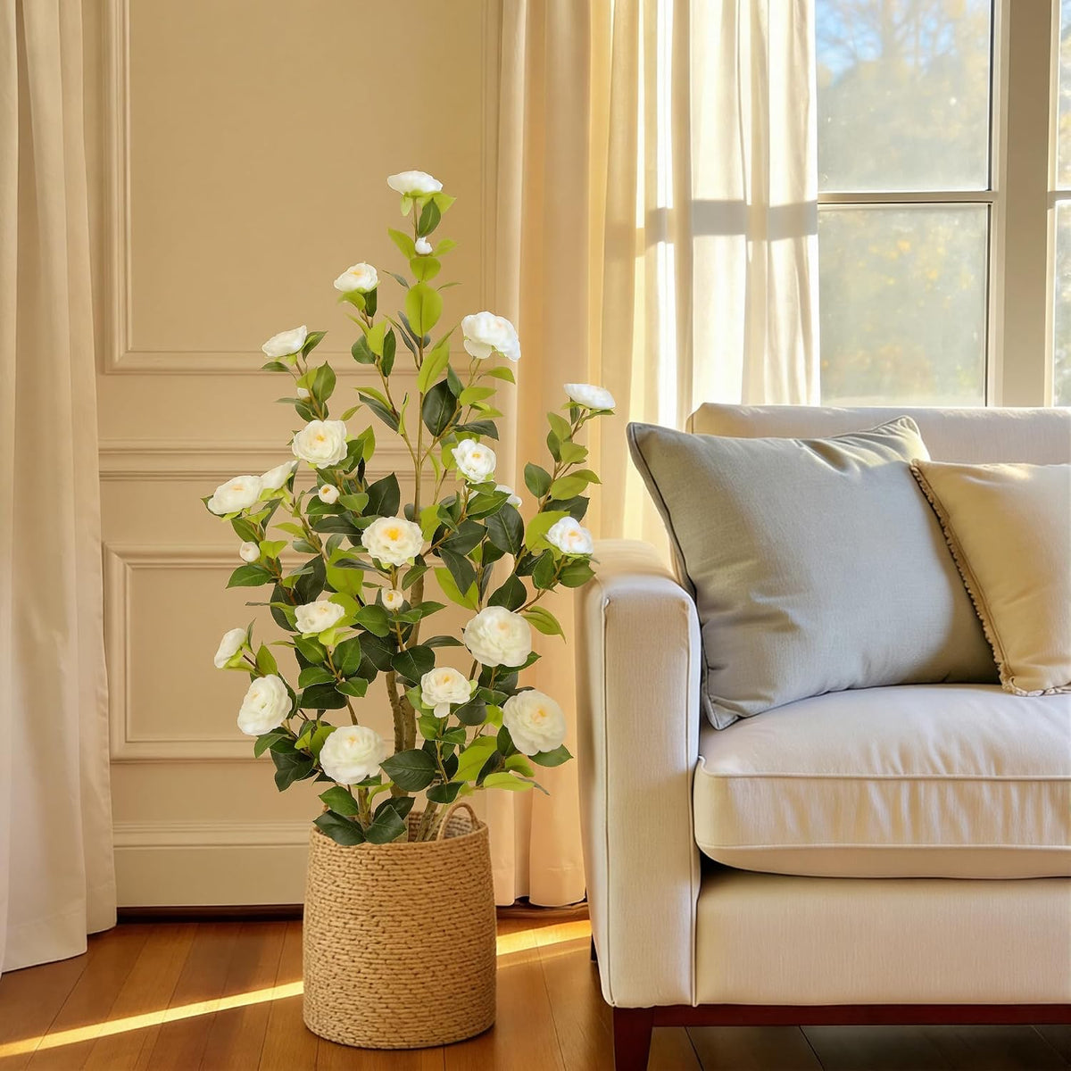 5ft Artificial Camellia Tree with Silk Orange Flowers, 60in Faux Camellia Plant with Lifelike Trunk, Fake Flower Tree Potted Front Door Plants for Porch Patio Deck Living Room Decor, 2Pack