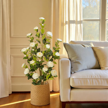 5ft Artificial Camellia Tree with Silk Orange Flowers, 60in Faux Camellia Plant with Lifelike Trunk, Fake Flower Tree Potted Front Door Plants for Porch Patio Deck Living Room Decor, 2Pack