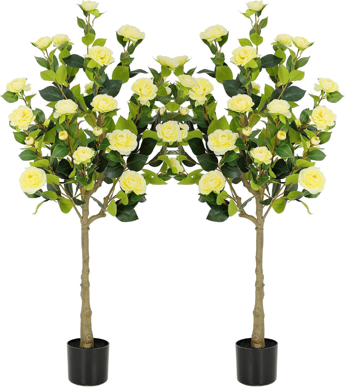 5ft Artificial Camellia Tree with Silk Orange Flowers, 60in Faux Camellia Plant with Lifelike Trunk, Fake Flower Tree Potted Front Door Plants for Porch Patio Deck Living Room Decor, 2Pack