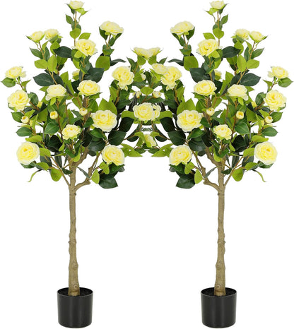 5ft Artificial Camellia Tree with Silk Orange Flowers, 60in Faux Camellia Plant with Lifelike Trunk, Fake Flower Tree Potted Front Door Plants for Porch Patio Deck Living Room Decor, 2Pack