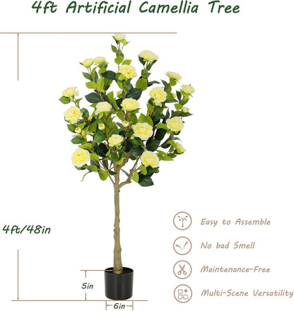 5ft Artificial Camellia Tree with Silk Orange Flowers, 60in Faux Camellia Plant with Lifelike Trunk, Fake Flower Tree Potted Front Door Plants for Porch Patio Deck Living Room Decor, 2Pack
