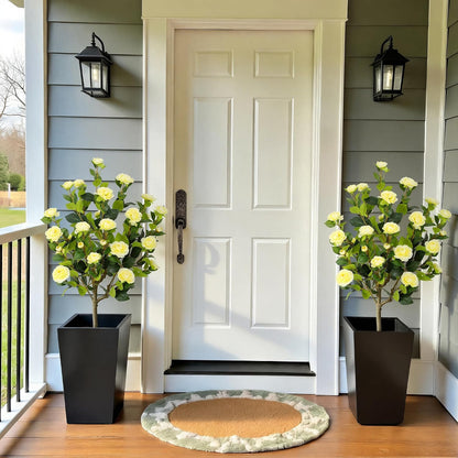 5ft Artificial Camellia Tree with Silk Orange Flowers, 60in Faux Camellia Plant with Lifelike Trunk, Fake Flower Tree Potted Front Door Plants for Porch Patio Deck Living Room Decor, 2Pack