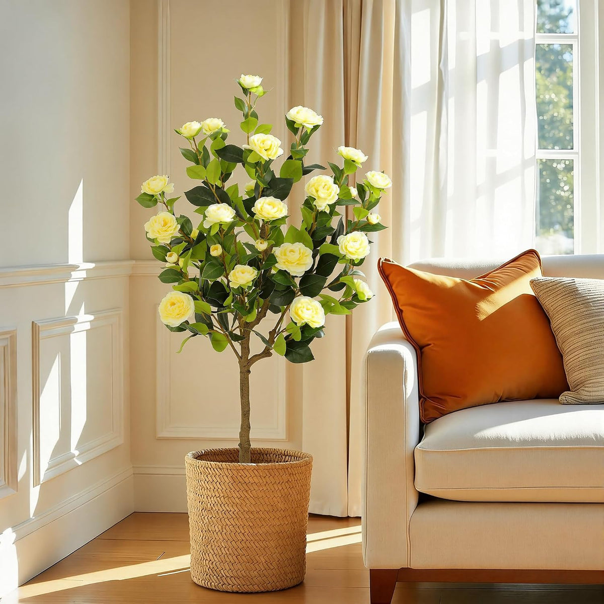 5ft Artificial Camellia Tree with Silk Orange Flowers, 60in Faux Camellia Plant with Lifelike Trunk, Fake Flower Tree Potted Front Door Plants for Porch Patio Deck Living Room Decor, 2Pack