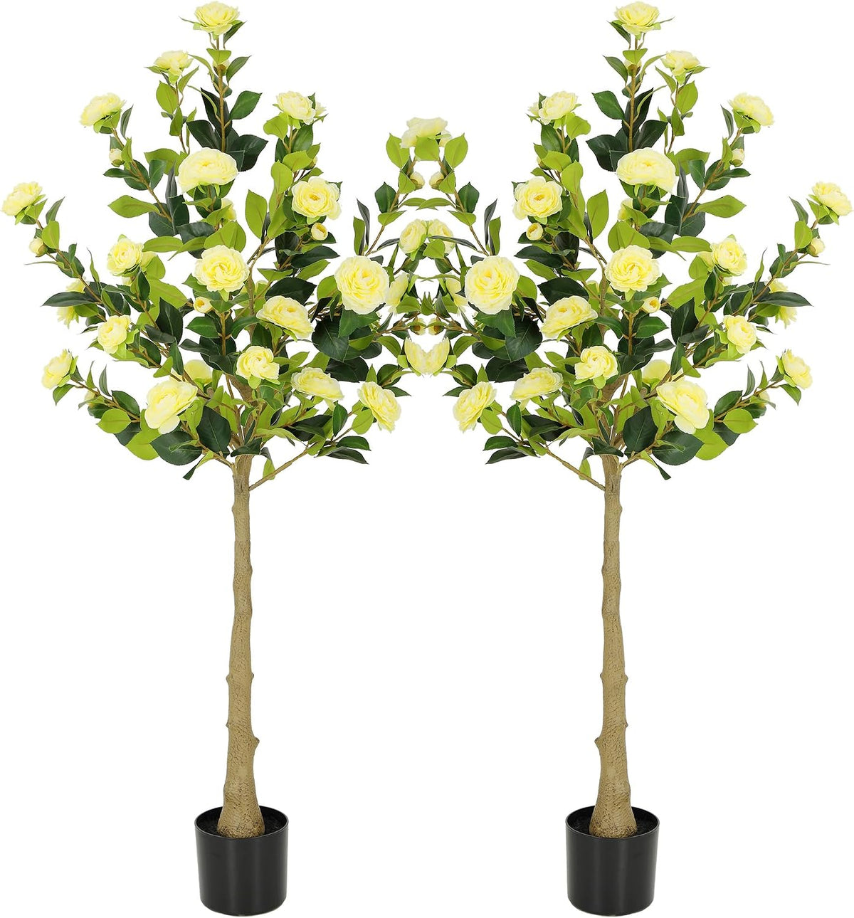 5ft Artificial Camellia Tree with Silk Orange Flowers, 60in Faux Camellia Plant with Lifelike Trunk, Fake Flower Tree Potted Front Door Plants for Porch Patio Deck Living Room Decor, 2Pack