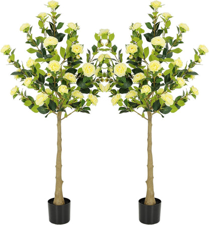 5ft Artificial Camellia Tree with Silk Orange Flowers, 60in Faux Camellia Plant with Lifelike Trunk, Fake Flower Tree Potted Front Door Plants for Porch Patio Deck Living Room Decor, 2Pack