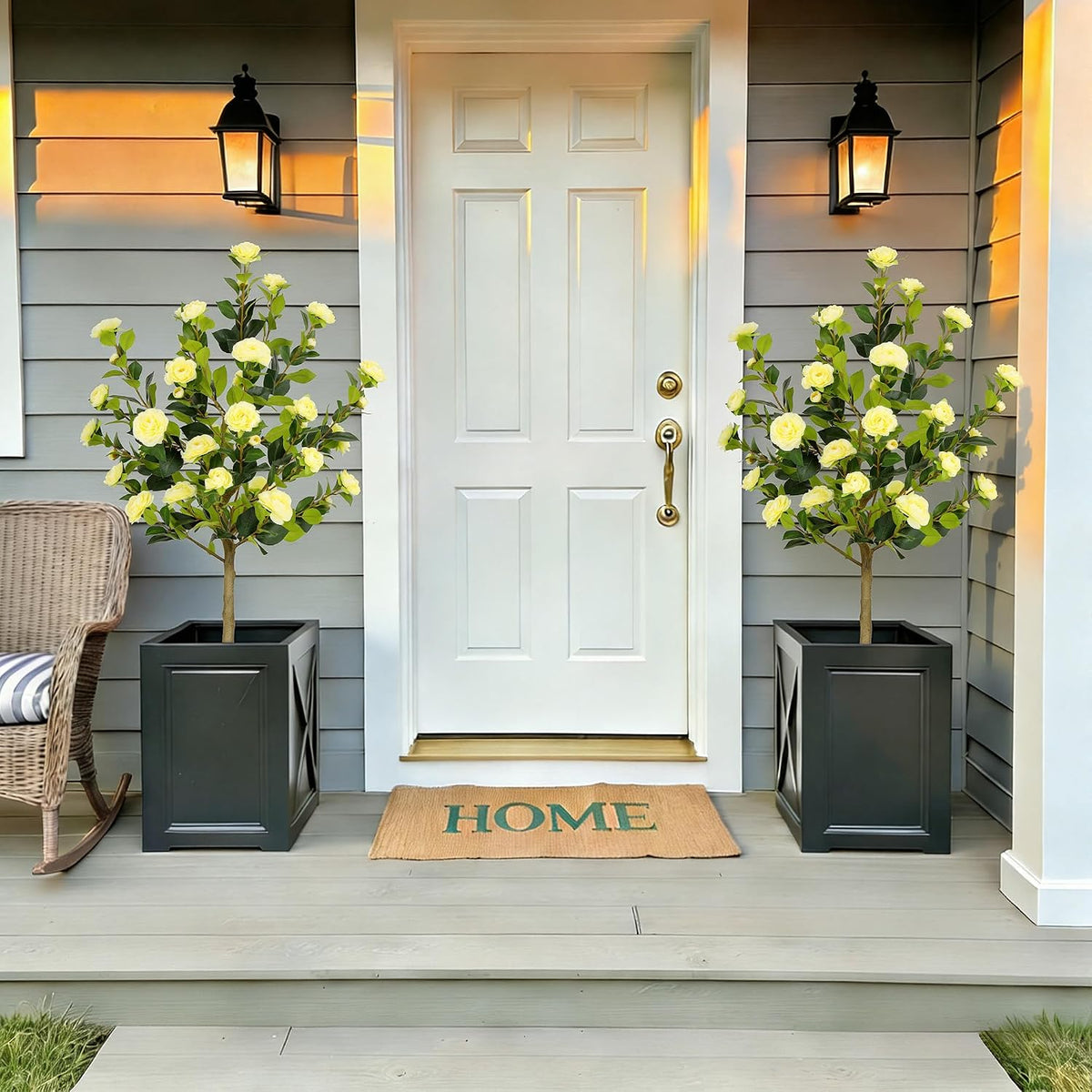 5ft Artificial Camellia Tree with Silk Orange Flowers, 60in Faux Camellia Plant with Lifelike Trunk, Fake Flower Tree Potted Front Door Plants for Porch Patio Deck Living Room Decor, 2Pack
