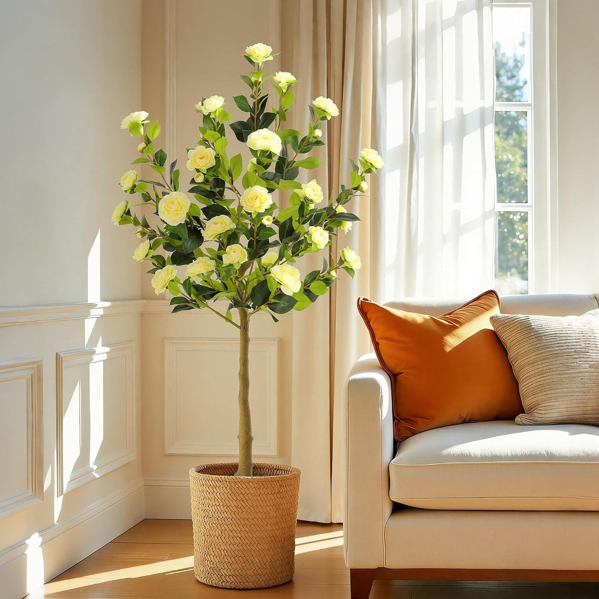 5ft Artificial Camellia Tree with Silk Orange Flowers, 60in Faux Camellia Plant with Lifelike Trunk, Fake Flower Tree Potted Front Door Plants for Porch Patio Deck Living Room Decor, 2Pack