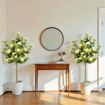 5ft Artificial Camellia Tree with Silk Orange Flowers, 60in Faux Camellia Plant with Lifelike Trunk, Fake Flower Tree Potted Front Door Plants for Porch Patio Deck Living Room Decor, 2Pack