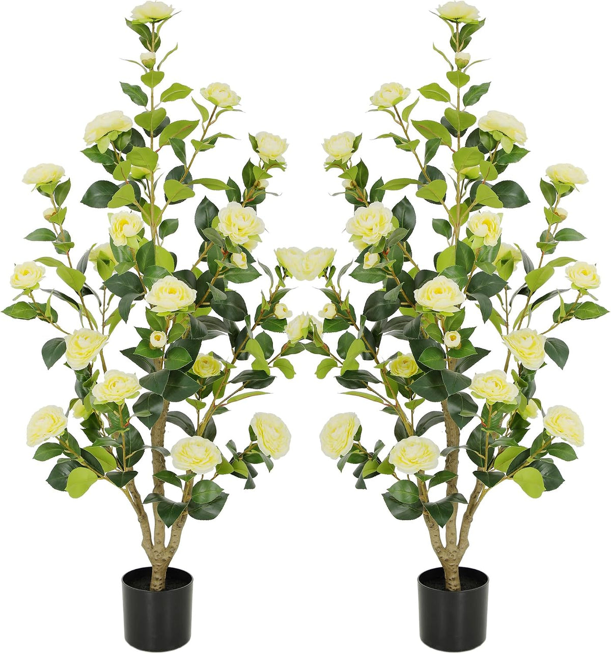 5ft Artificial Camellia Tree with Silk Orange Flowers, 60in Faux Camellia Plant with Lifelike Trunk, Fake Flower Tree Potted Front Door Plants for Porch Patio Deck Living Room Decor, 2Pack