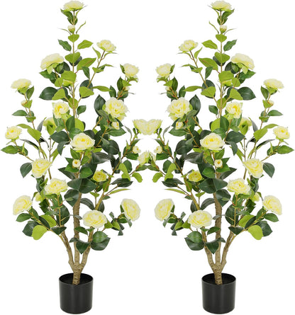 5ft Artificial Camellia Tree with Silk Orange Flowers, 60in Faux Camellia Plant with Lifelike Trunk, Fake Flower Tree Potted Front Door Plants for Porch Patio Deck Living Room Decor, 2Pack