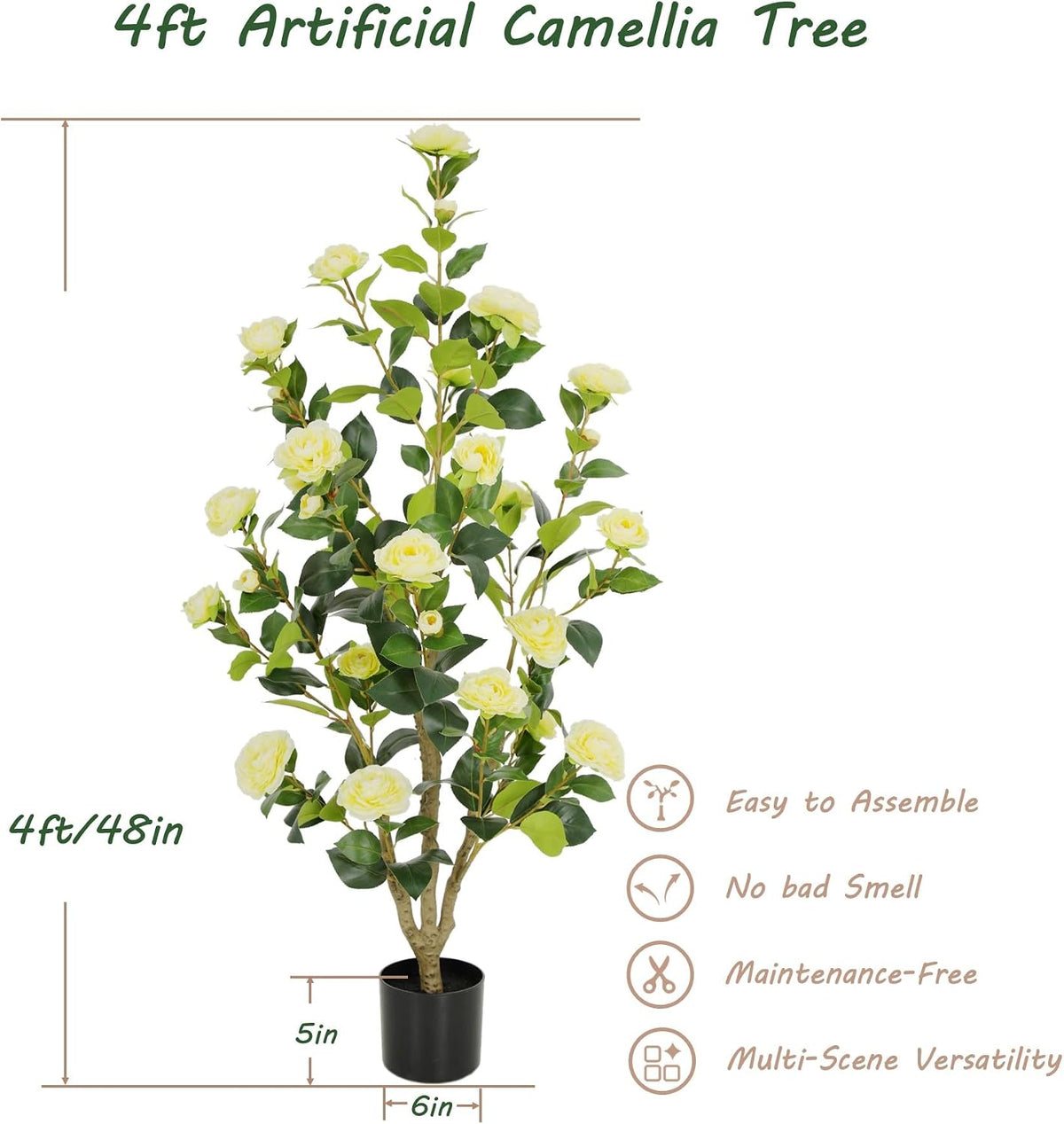 5ft Artificial Camellia Tree with Silk Orange Flowers, 60in Faux Camellia Plant with Lifelike Trunk, Fake Flower Tree Potted Front Door Plants for Porch Patio Deck Living Room Decor, 2Pack
