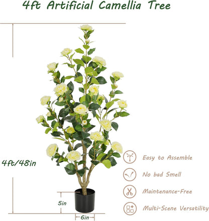 5ft Artificial Camellia Tree with Silk Orange Flowers, 60in Faux Camellia Plant with Lifelike Trunk, Fake Flower Tree Potted Front Door Plants for Porch Patio Deck Living Room Decor, 2Pack