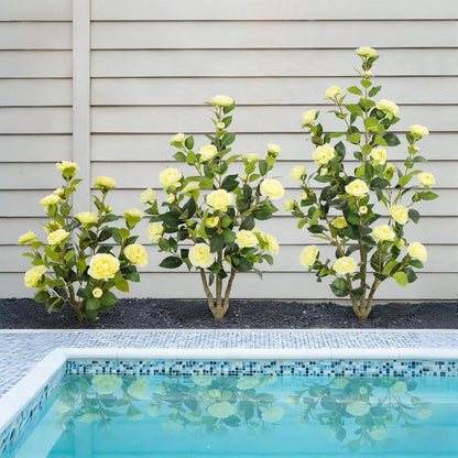 5ft Artificial Camellia Tree with Silk Orange Flowers, 60in Faux Camellia Plant with Lifelike Trunk, Fake Flower Tree Potted Front Door Plants for Porch Patio Deck Living Room Decor, 2Pack