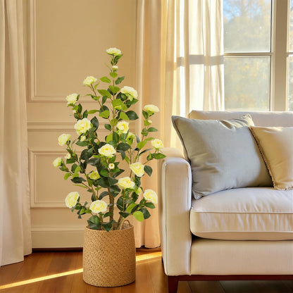 5ft Artificial Camellia Tree with Silk Orange Flowers, 60in Faux Camellia Plant with Lifelike Trunk, Fake Flower Tree Potted Front Door Plants for Porch Patio Deck Living Room Decor, 2Pack