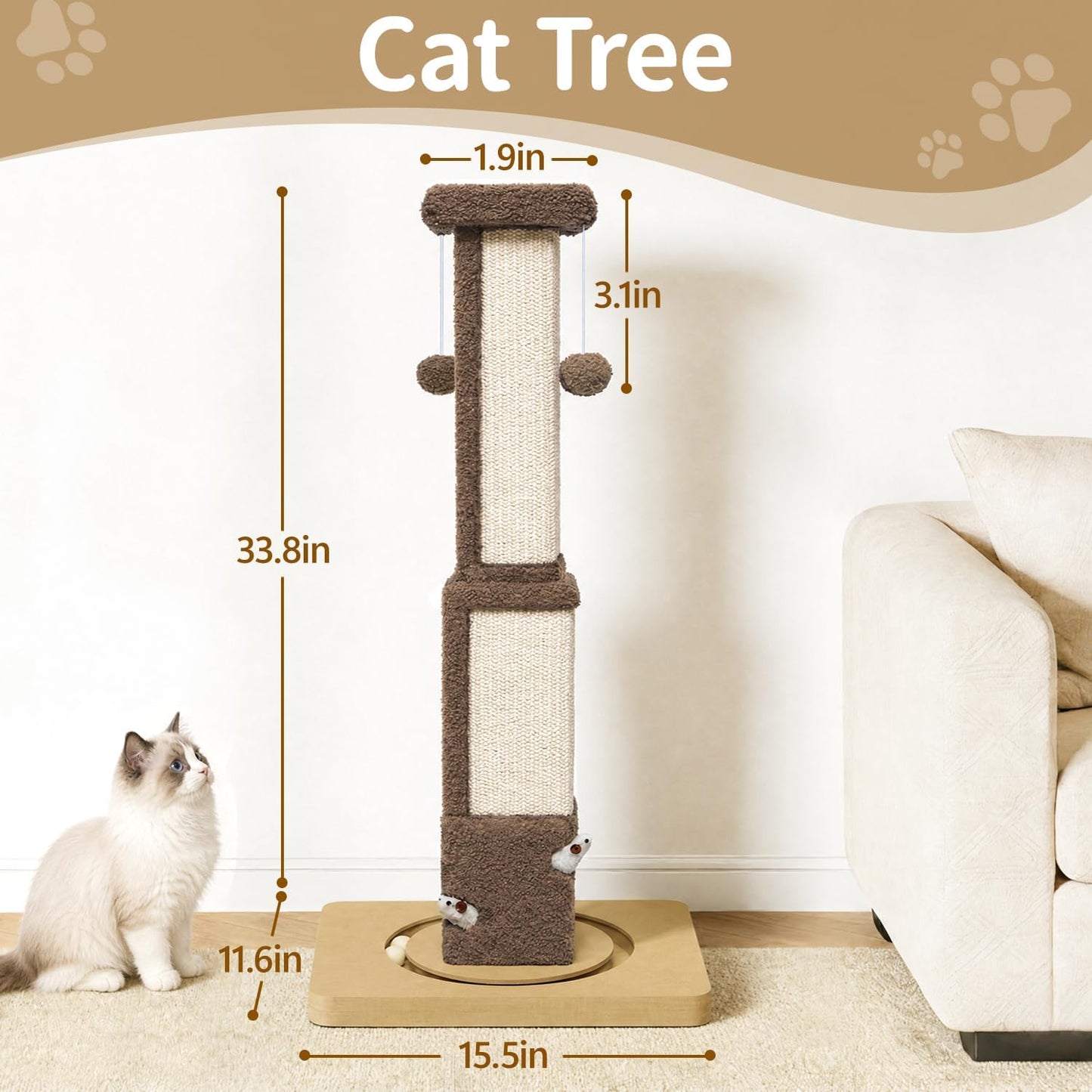 Cat Tree Tower Scratch Post Stand for Indoor, 41" Compact Palm Tree Kitten House Condo with Cozy Bed for Small Cats, Space Saving Design, Supports Climber Scratching Playing and Rest