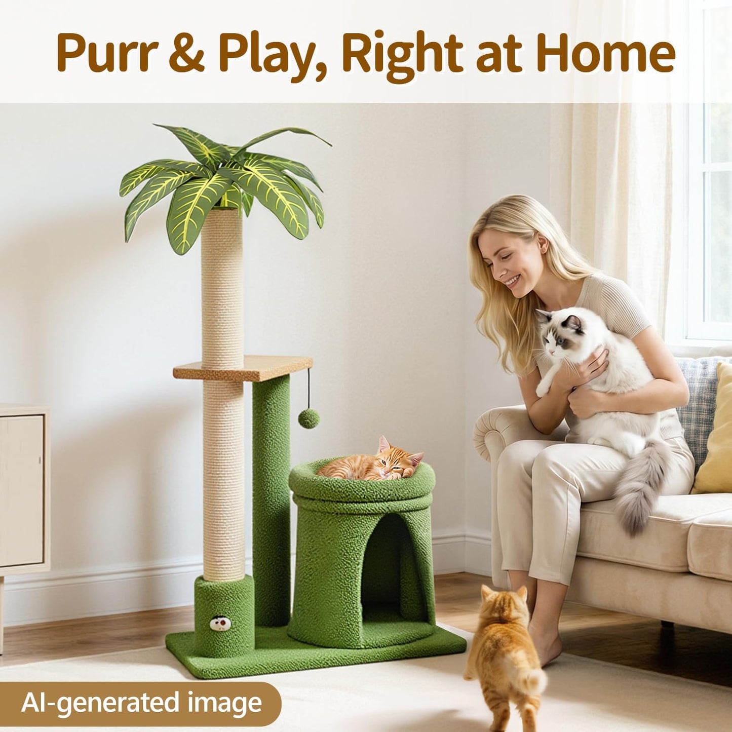 Cat Tree Tower Scratch Post Stand for Indoor, 41" Compact Palm Tree Kitten House Condo with Cozy Bed for Small Cats, Space Saving Design, Supports Climber Scratching Playing and Rest