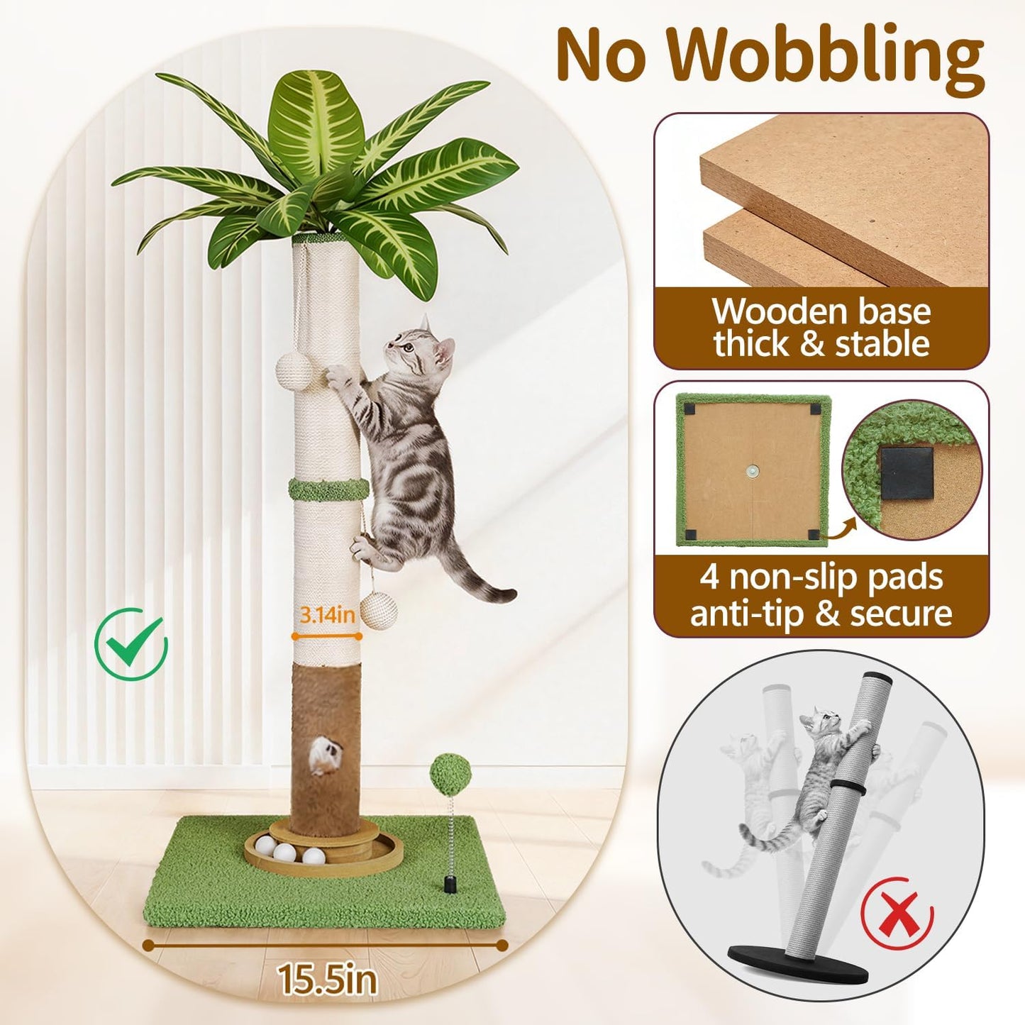 Cat Tree Tower Scratch Post Stand for Indoor, 41" Compact Palm Tree Kitten House Condo with Cozy Bed for Small Cats, Space Saving Design, Supports Climber Scratching Playing and Rest