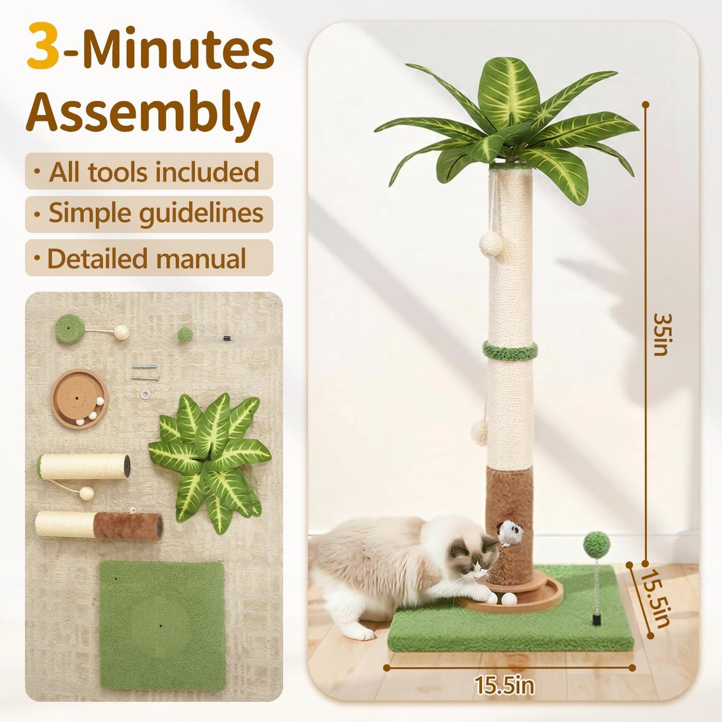 Cat Tree Tower Scratch Post Stand for Indoor, 41" Compact Palm Tree Kitten House Condo with Cozy Bed for Small Cats, Space Saving Design, Supports Climber Scratching Playing and Rest