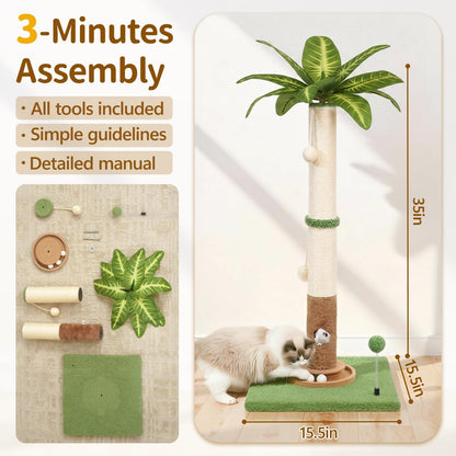 Cat Tree Tower Scratch Post Stand for Indoor, 41" Compact Palm Tree Kitten House Condo with Cozy Bed for Small Cats, Space Saving Design, Supports Climber Scratching Playing and Rest