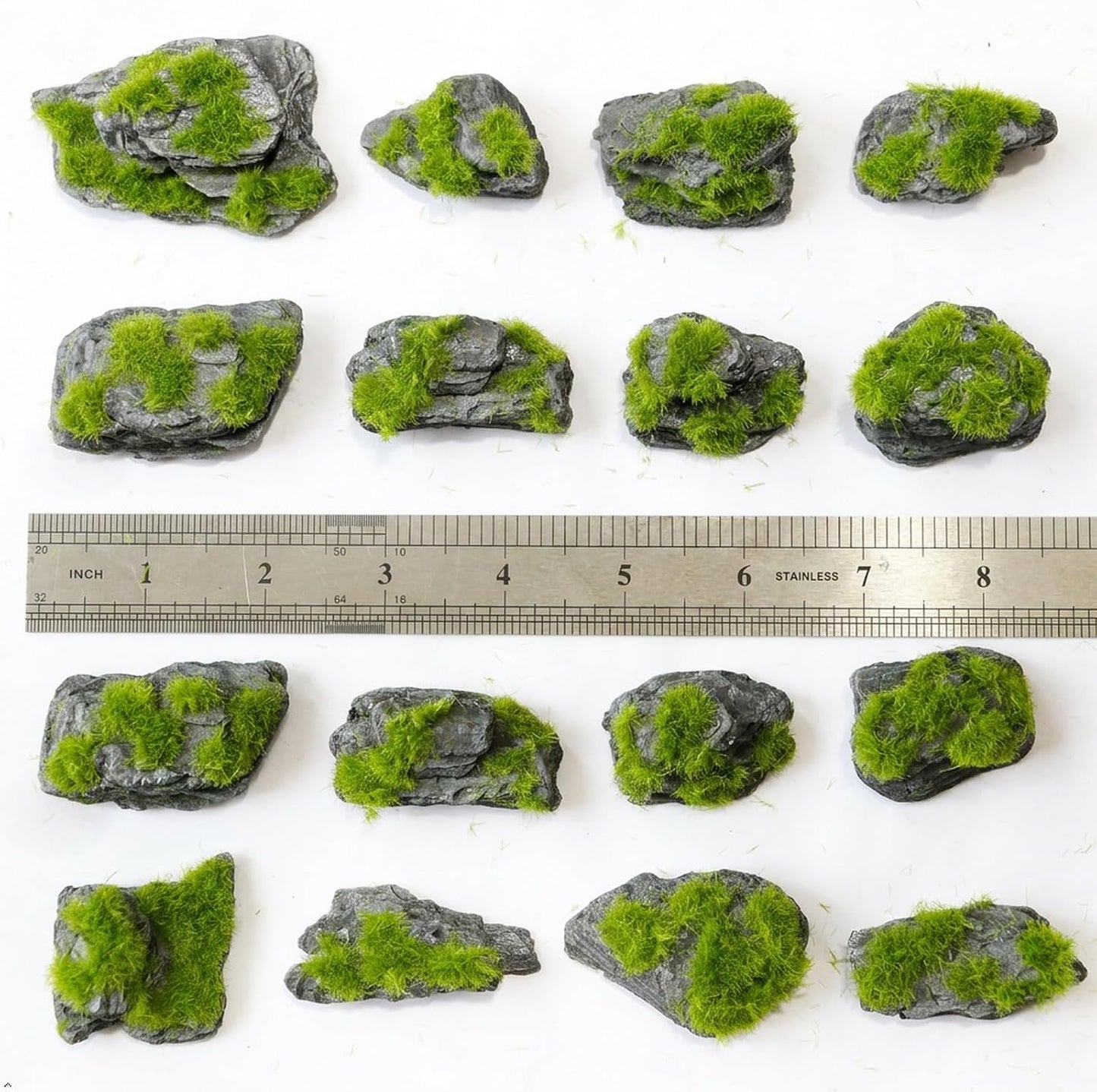 Miniature Moss Stones for Terrarium - Tree Bark Diorama Rocks for Miniature Terrain Display - Lightweight Reptile Habitat Decor - NOT for Aquarium Underwater Use - 12 Pcs Flocking-Covered (1-2 inch)