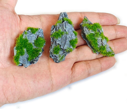 Miniature Moss Stones for Terrarium - Tree Bark Diorama Rocks for Miniature Terrain Display - Lightweight Reptile Habitat Decor - NOT for Aquarium Underwater Use - 12 Pcs Flocking-Covered (1-2 inch)