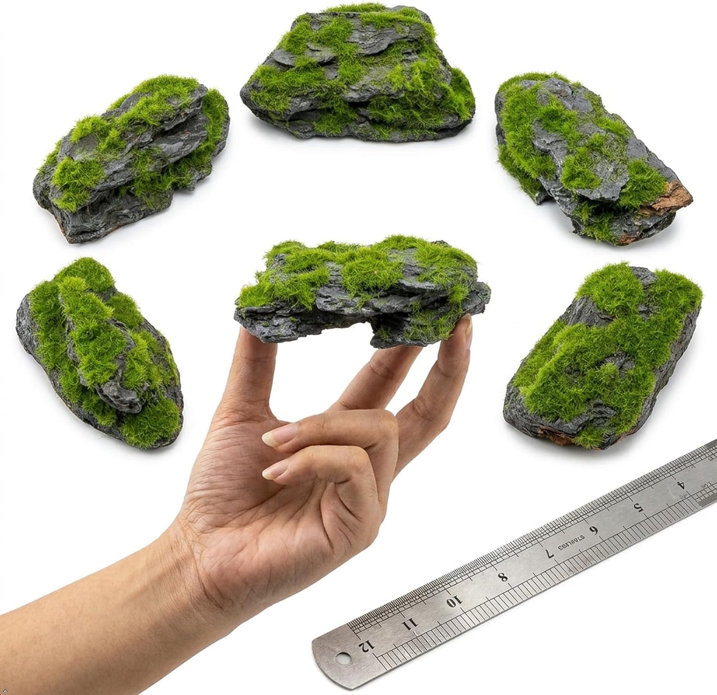 Miniature Moss Stones for Terrarium - Tree Bark Diorama Rocks for Miniature Terrain Display - Lightweight Reptile Habitat Decor - NOT for Aquarium Underwater Use - 12 Pcs Flocking-Covered (1-2 inch)