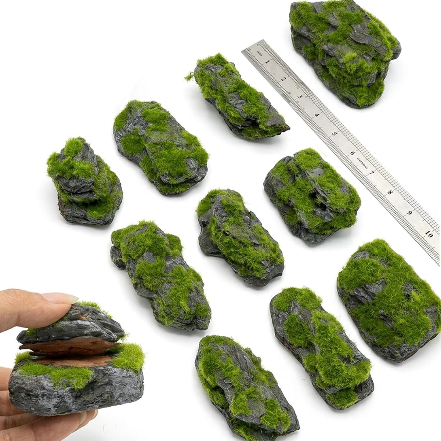 Miniature Moss Stones for Terrarium - Tree Bark Diorama Rocks for Miniature Terrain Display - Lightweight Reptile Habitat Decor - NOT for Aquarium Underwater Use - 12 Pcs Flocking-Covered (1-2 inch)