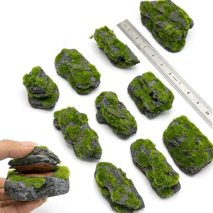 Miniature Moss Stones for Terrarium - Tree Bark Diorama Rocks for Miniature Terrain Display - Lightweight Reptile Habitat Decor - NOT for Aquarium Underwater Use - 12 Pcs Flocking-Covered (1-2 inch)