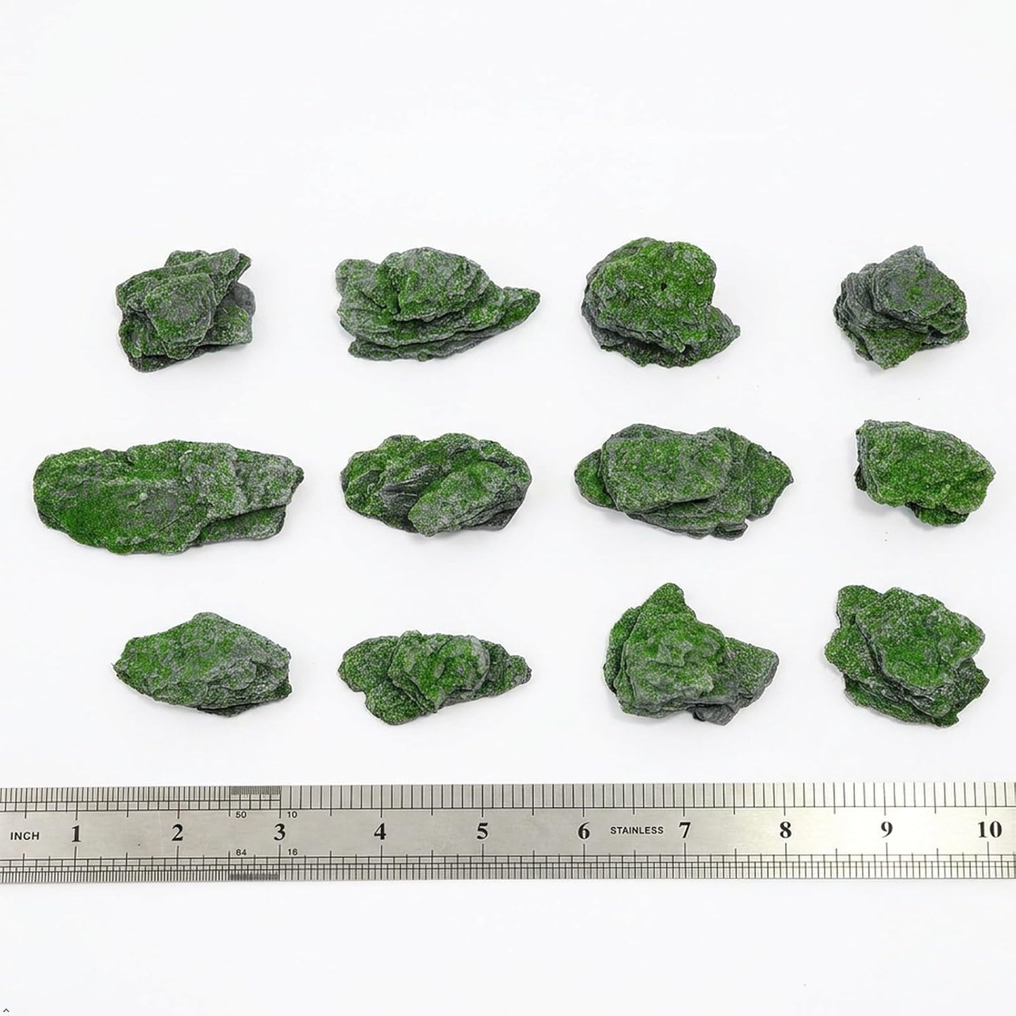 Miniature Moss Stones for Terrarium - Tree Bark Diorama Rocks for Miniature Terrain Display - Lightweight Reptile Habitat Decor - NOT for Aquarium Underwater Use - 12 Pcs Flocking-Covered (1-2 inch)