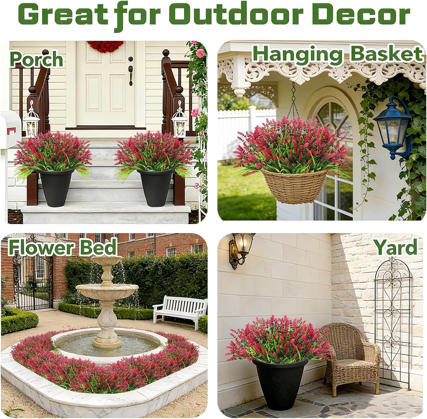 Artificial Flowers Outdoor Faux Lavender & Monkey Grass Fake Plants, UV Resistant for Garden Porch Patio Hanging Planter (12, Purple)