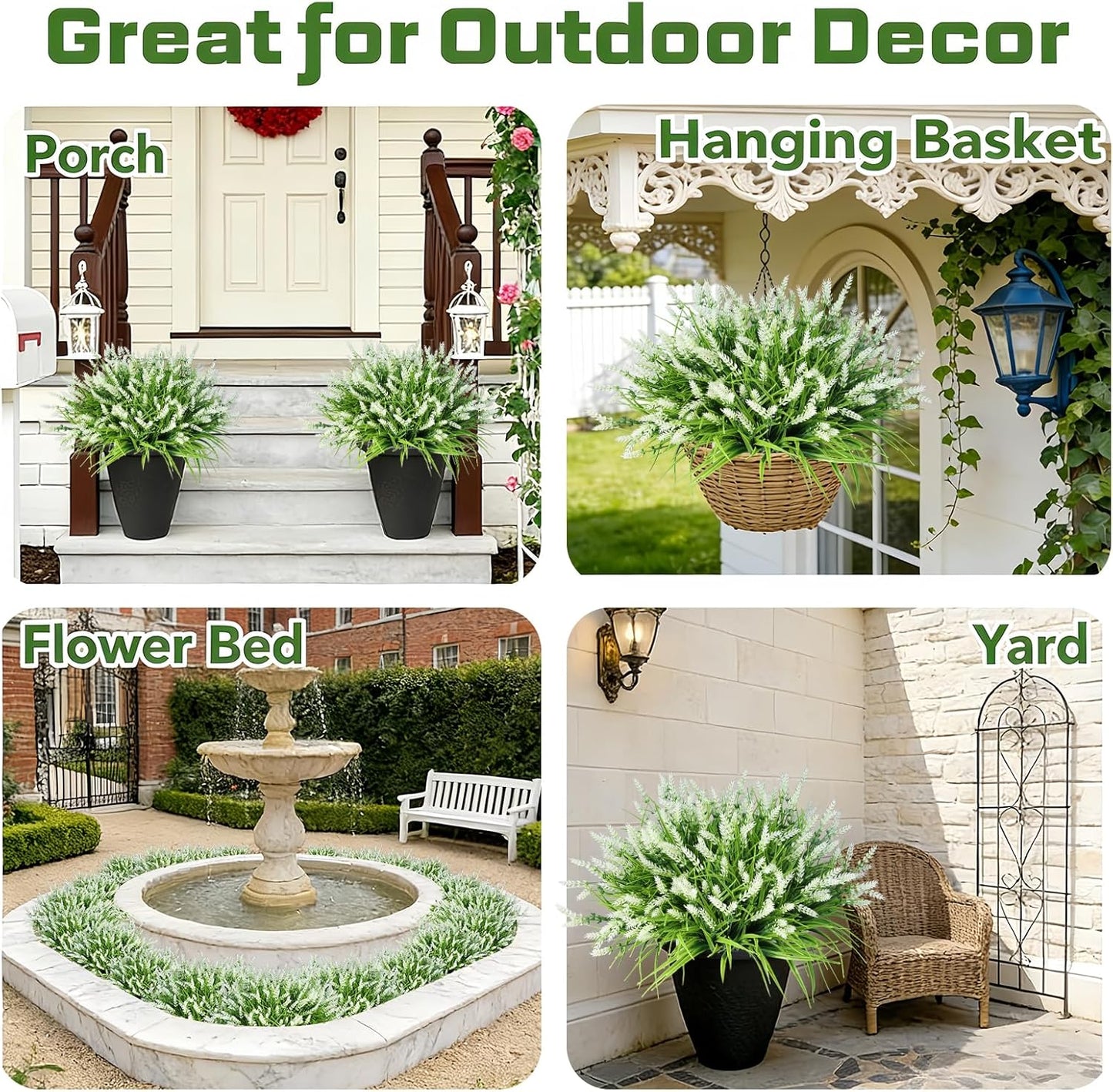 Artificial Flowers Outdoor Faux Lavender & Monkey Grass Fake Plants, UV Resistant for Garden Porch Patio Hanging Planter (12, Purple)