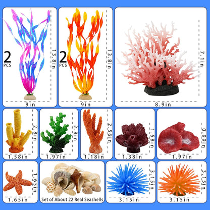 35PCS Coral Reef Aquarium Decorations Set, Ocean Style Aquarium Decor with Artificial Coral, Plants, Seashells, Anemones and Starfish for Freshwater, Saltwater and Tropical Fish Tanks