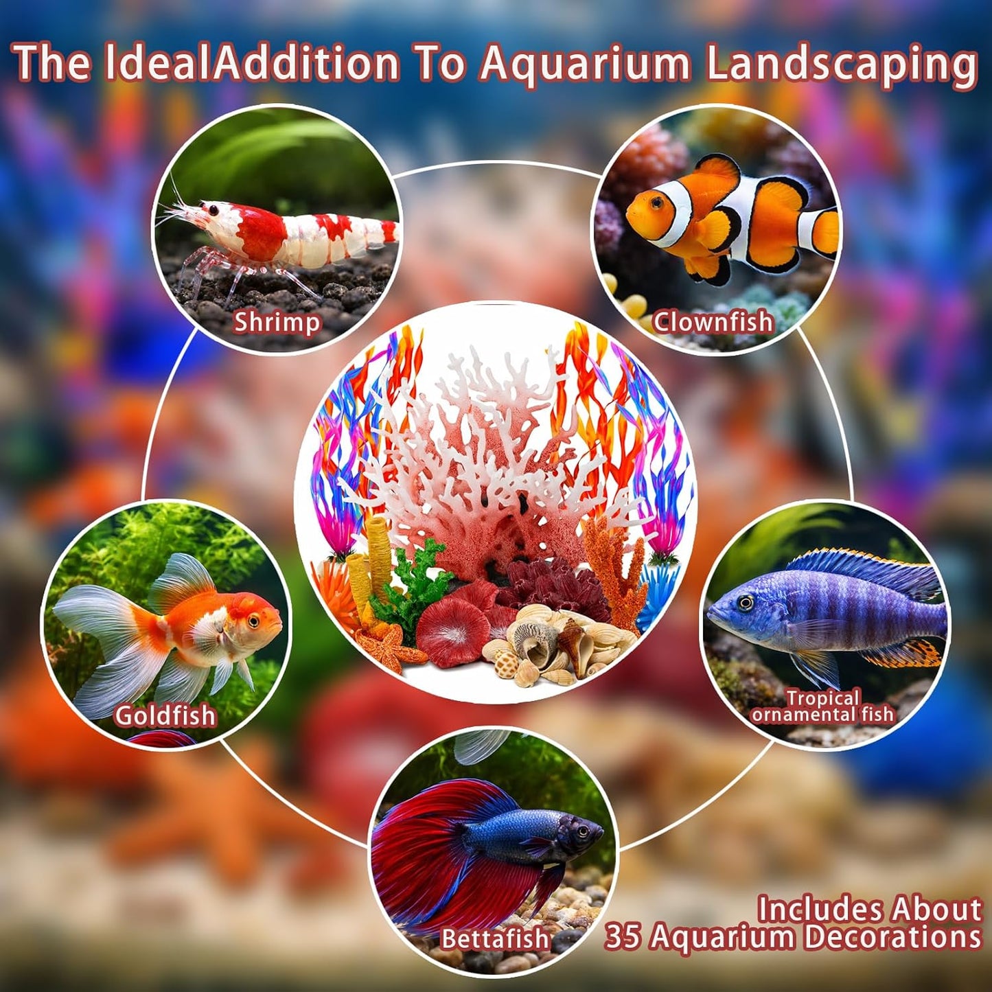 35PCS Coral Reef Aquarium Decorations Set, Ocean Style Aquarium Decor with Artificial Coral, Plants, Seashells, Anemones and Starfish for Freshwater, Saltwater and Tropical Fish Tanks