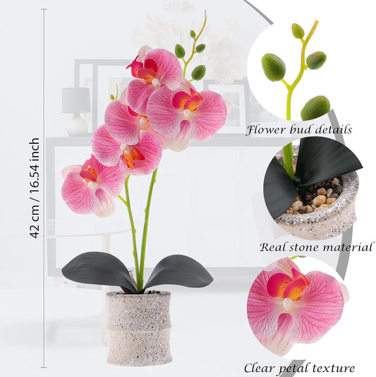 16.5 Inch Pink Artificial Orchid Flowers in Pot, Fake Orchid Plant | lifelike faux phalaenopsis orchid with ceramic pot display, maintenance free tabletop home decor, realistic bonsai gift props