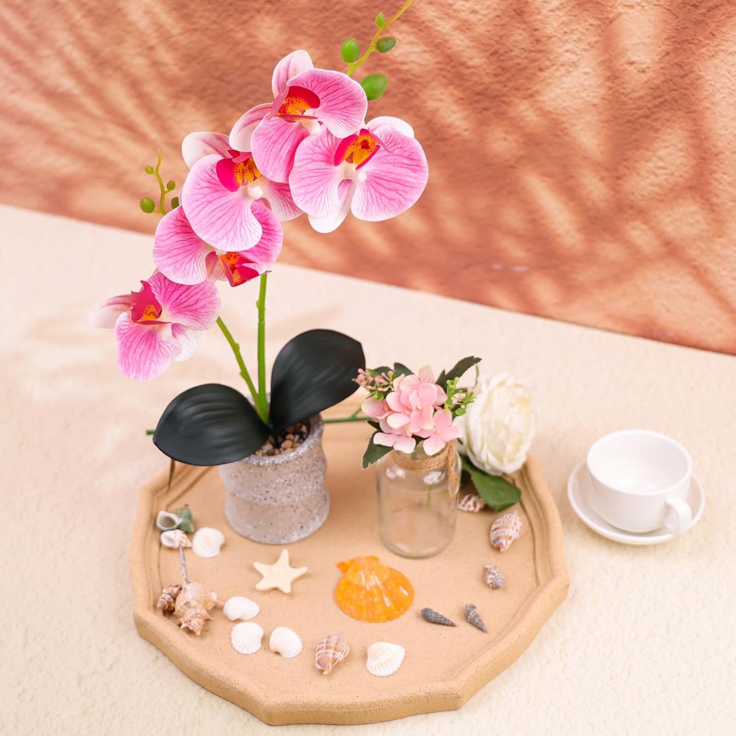 16.5 Inch Pink Artificial Orchid Flowers in Pot, Fake Orchid Plant | lifelike faux phalaenopsis orchid with ceramic pot display, maintenance free tabletop home decor, realistic bonsai gift props
