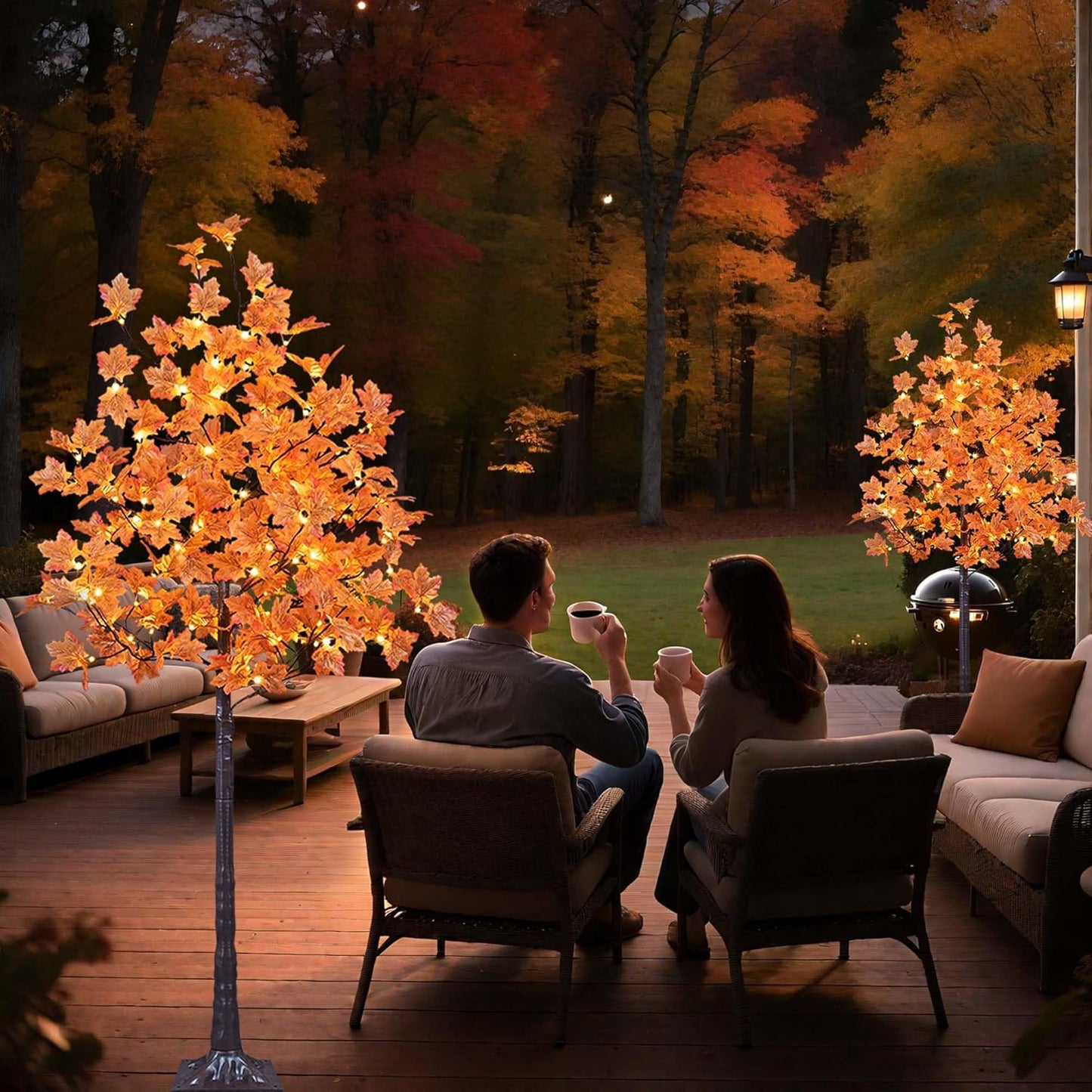 2 Pack 6FT Artificial Maple Tree with 240Warm White LED Lights - Orange, Indoor/Outdoor Decor for Halloween & Fall