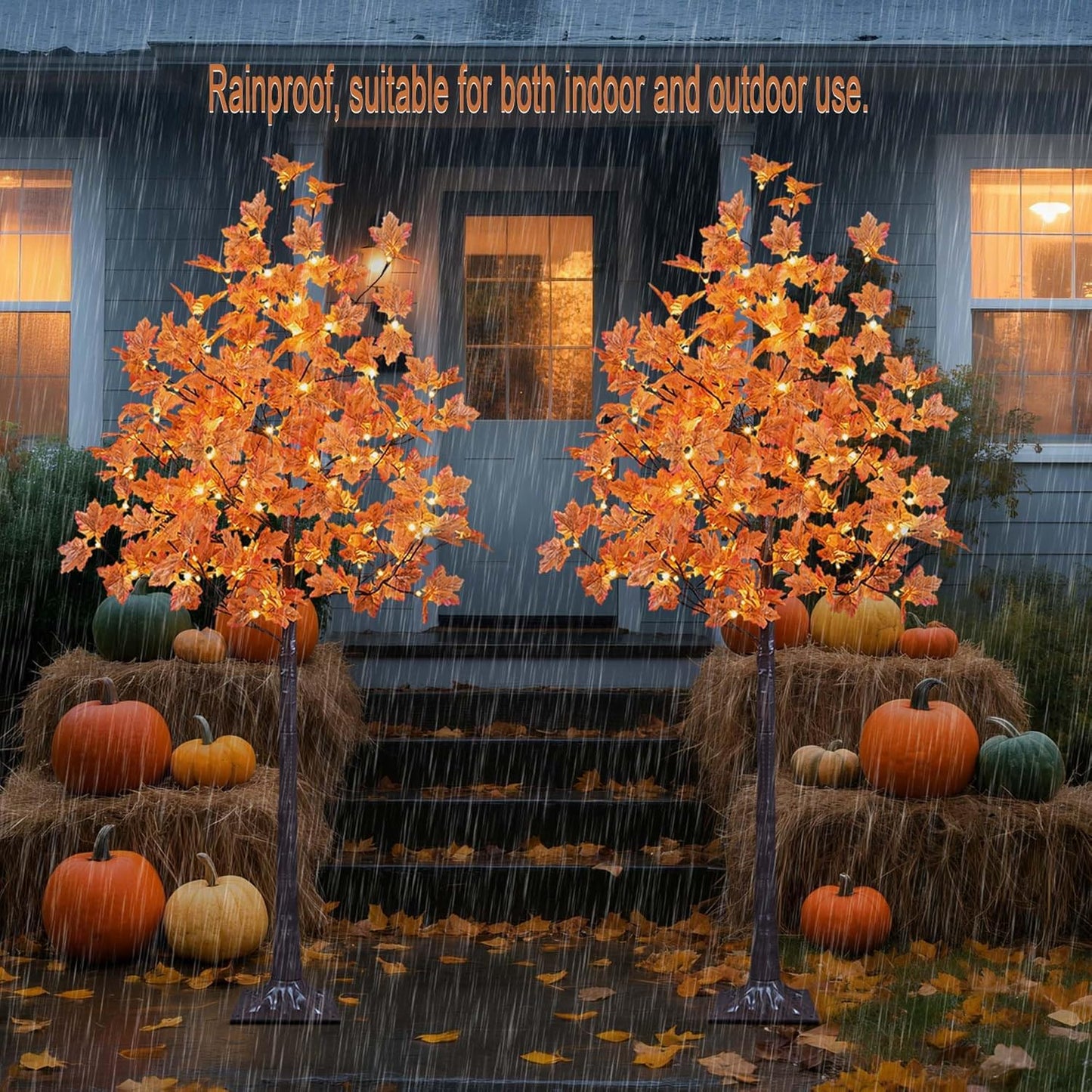 2 Pack 6FT Artificial Maple Tree with 240Warm White LED Lights - Orange, Indoor/Outdoor Decor for Halloween & Fall