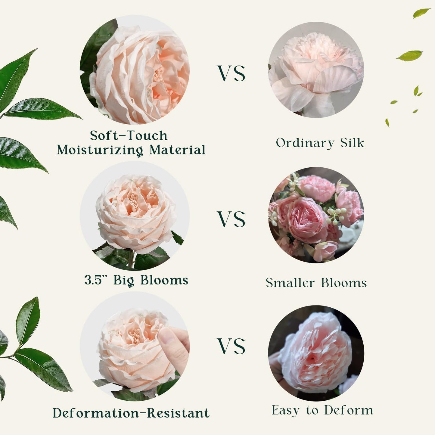 4 Pcs Real Touch Peonies Artificial Flowers, 3.5'' Big Bloom Austin Rose Peony Latex Fake Flower with Stems for Wedding Bouquet Party Valentines Arrangement Home Kitchen (Champagne)