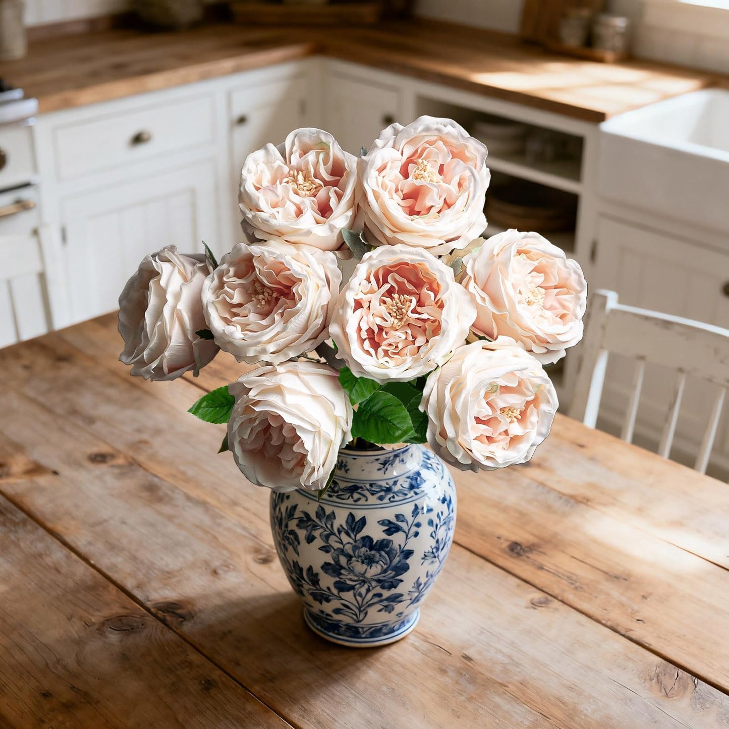 4 Pcs Real Touch Peonies Artificial Flowers, 3.5'' Big Bloom Austin Rose Peony Latex Fake Flower with Stems for Wedding Bouquet Party Valentines Arrangement Home Kitchen (Champagne)