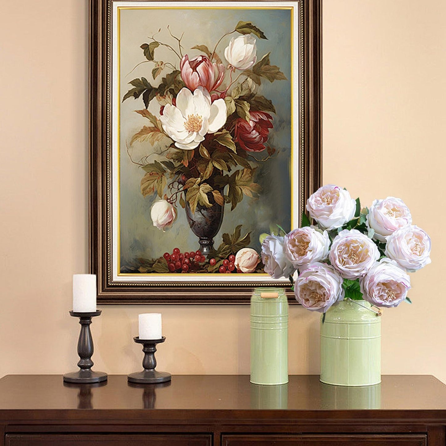 4 Pcs Real Touch Peonies Artificial Flowers, 3.5'' Big Bloom Austin Rose Peony Latex Fake Flower with Stems for Wedding Bouquet Party Valentines Arrangement Home Kitchen (Champagne)