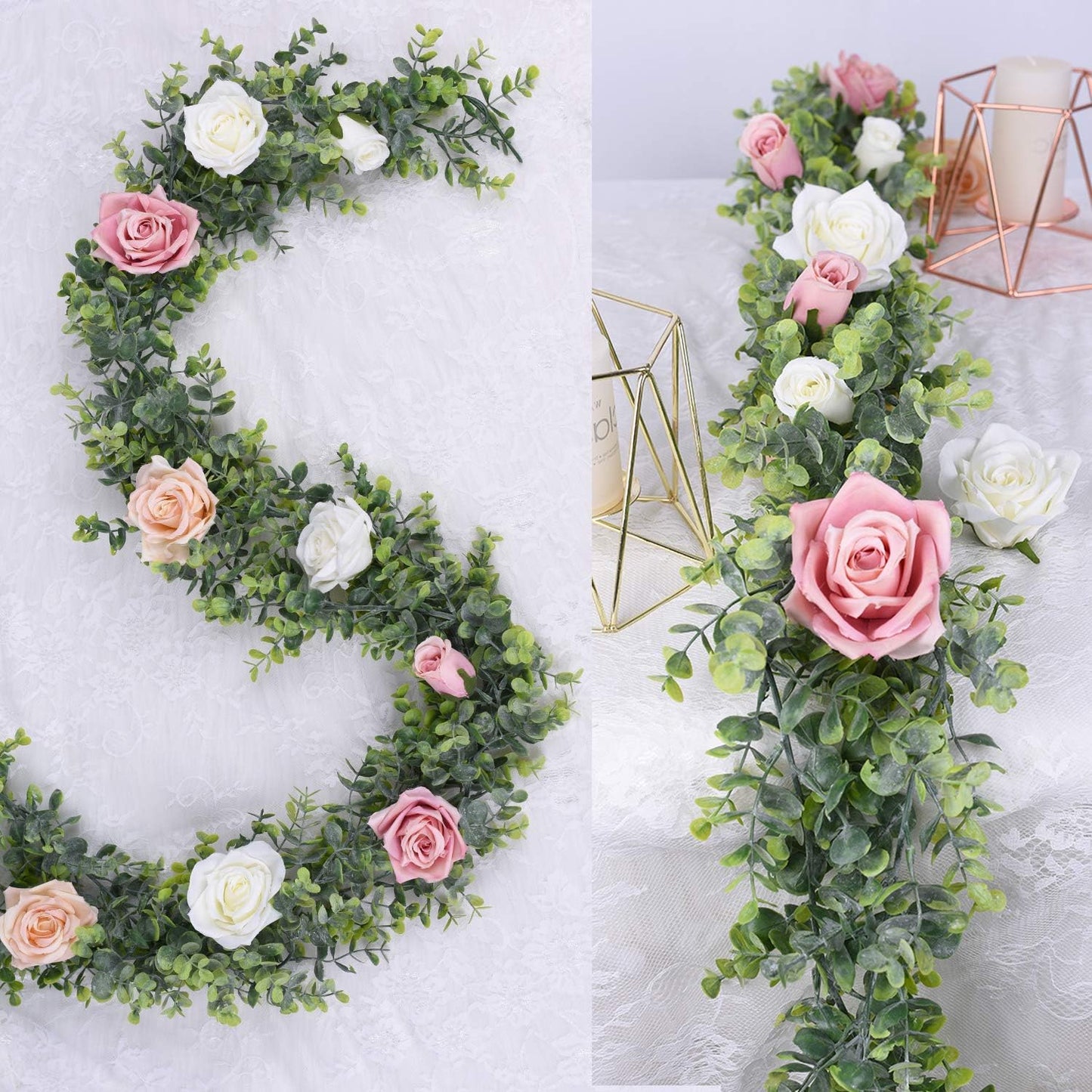 Faux Eucalyptus Garland Plant, 2 Pack Artificial Vines Hanging Eucalyptus Leaves Greenery Garland for Wedding Backdrop Arch Wall Decor, 6 Feet/pcs UV Protected Indoor Outdoor