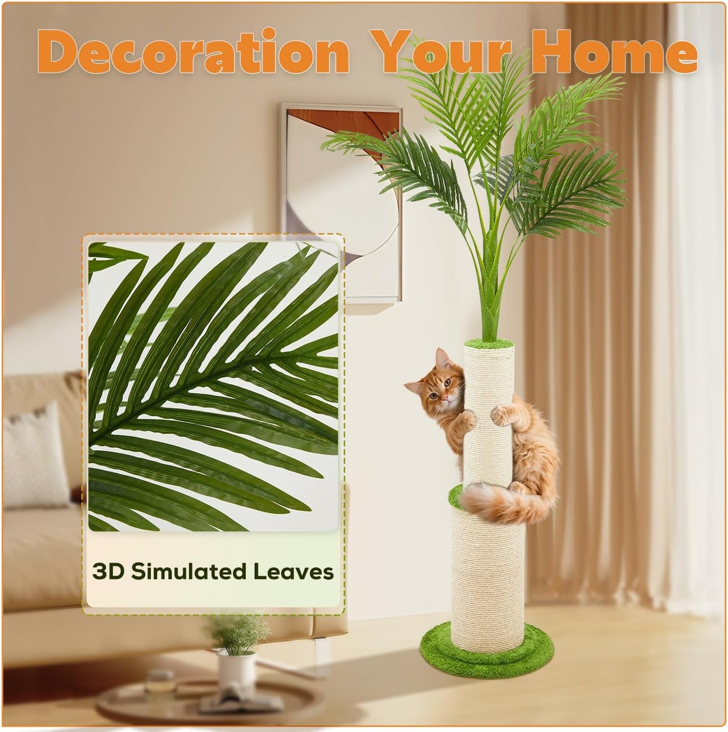 82.7'' Tall Modern Cat Tree for Indoor Cats,Artificial Areca Palm Tree Cat Tower with Solid Wood Cat Bed,Nature Sisal Scratching Post,Removable Mat,Aesthetic Cat Activity Center for Small Medium Cats